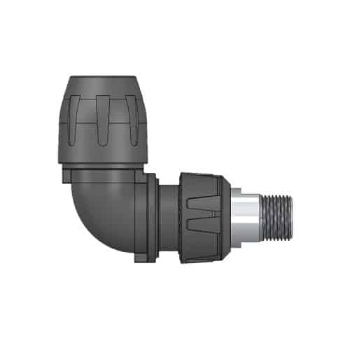 Three-piece 90 deg Elbow, Technopolymer, 16 mm (1/2") x 1/4"MPT